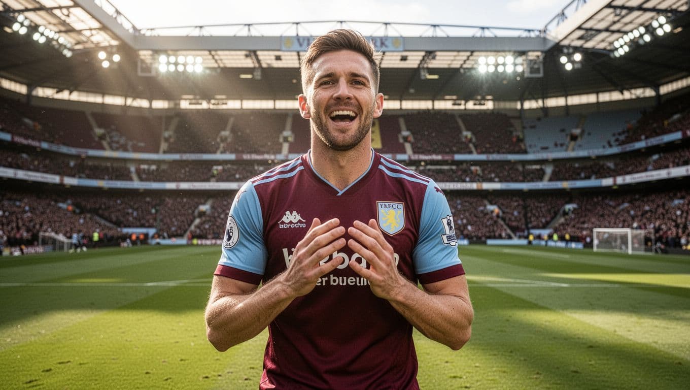 A football player in a claret and blue kit celebrates a goal on a stadium pitch.