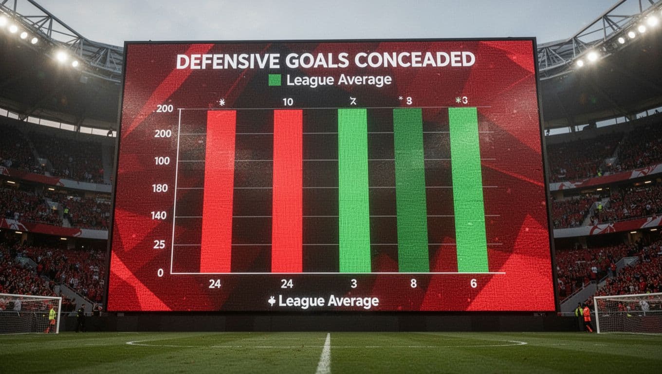 Stadium scoreboard shows bar chart with red bar for Olympique Abobo at 21 goals conceded shorter than green league average bar.