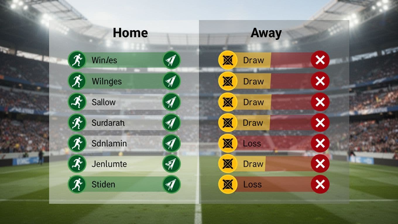 Split infographic chart shows home wins in green icons on left and away draws/losses in yellow/red icons on right against stadium seats background.
