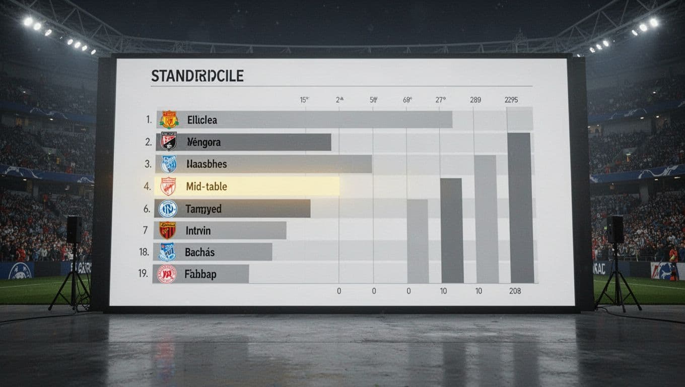 LED screen in stadium press room shows soccer league standings chart with Olympique Sport d'Abobo row highlighted at 14th place, 29 points.