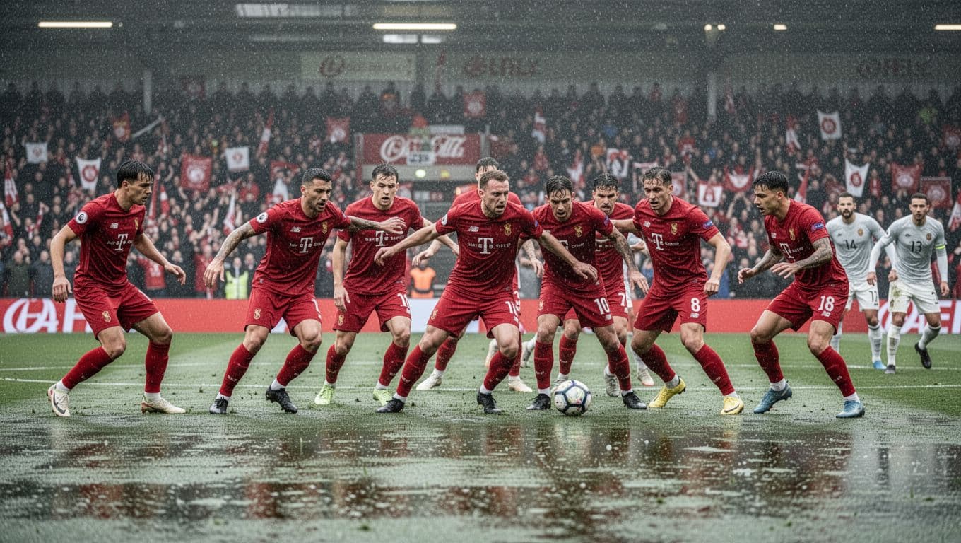 Osasuna players in red jerseys defend desperately on rainy pitch against opponents, frustrated amid hostile crowd.