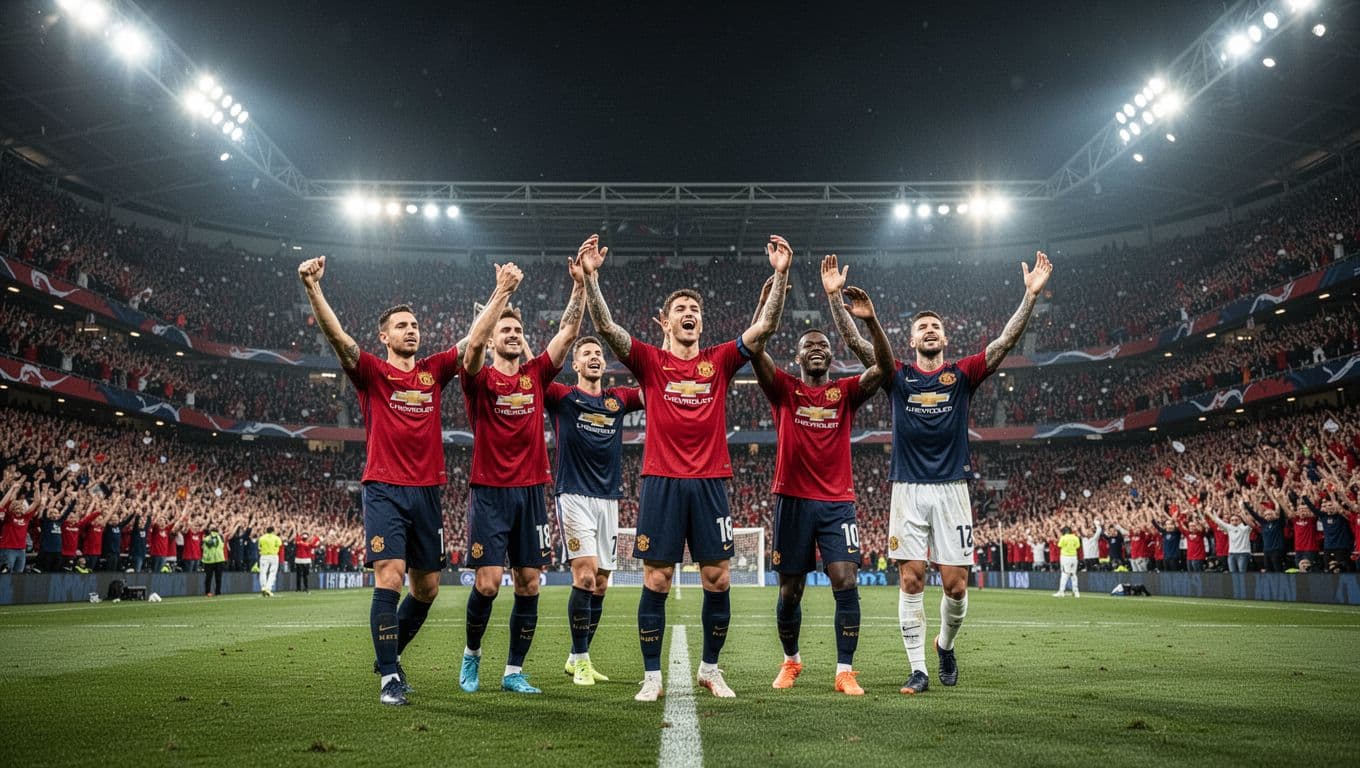 Crowded Estadio El Sadar at night with fans in red and navy jerseys cheering as five players celebrate a goal under floodlights.