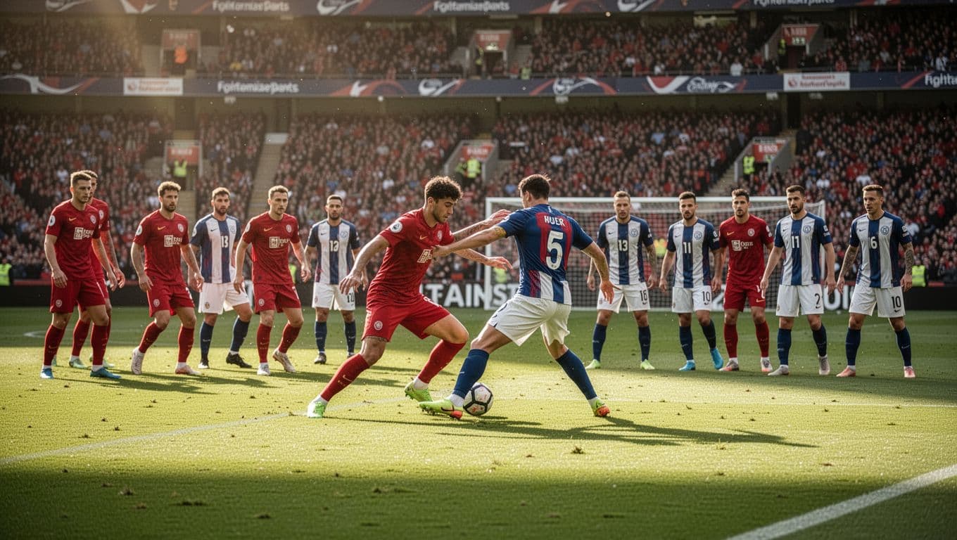 Osasuna in red jerseys defends against Espanyol attack in midfield battle on sunny pitch with crowd.