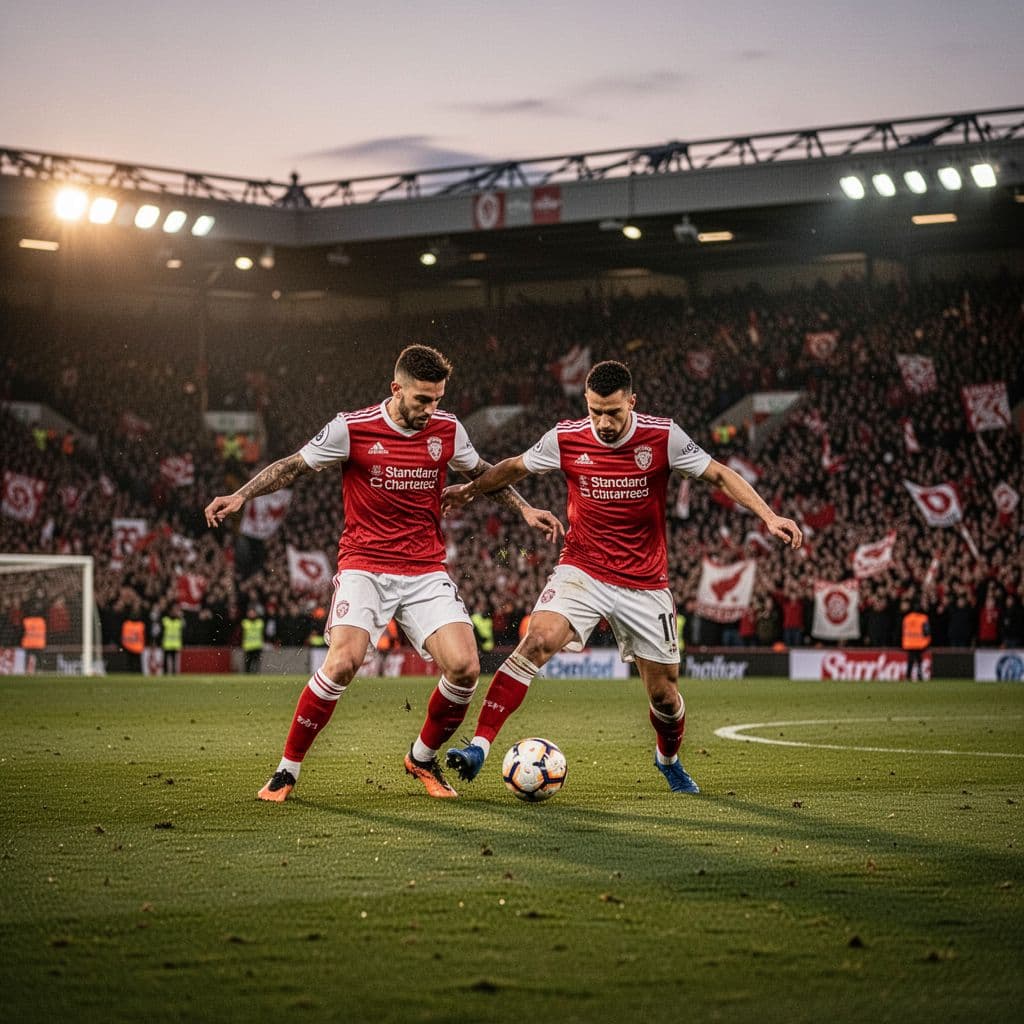 Wide shot of crowded football stadium at dusk focused on midfield players in red-white kits with blurred cheering fans.