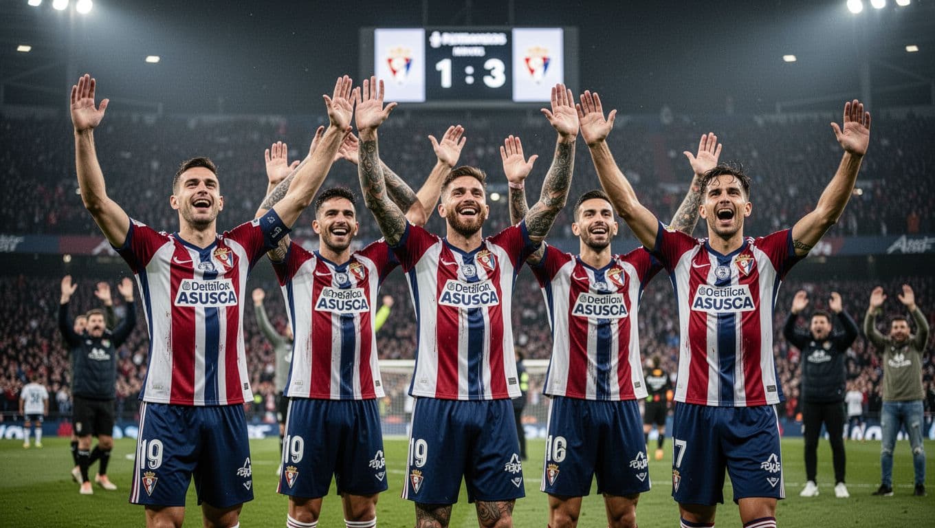 Five Osasuna players celebrate a goal in stadium as fans cheer, scoreboard shows late minute under dramatic lights.