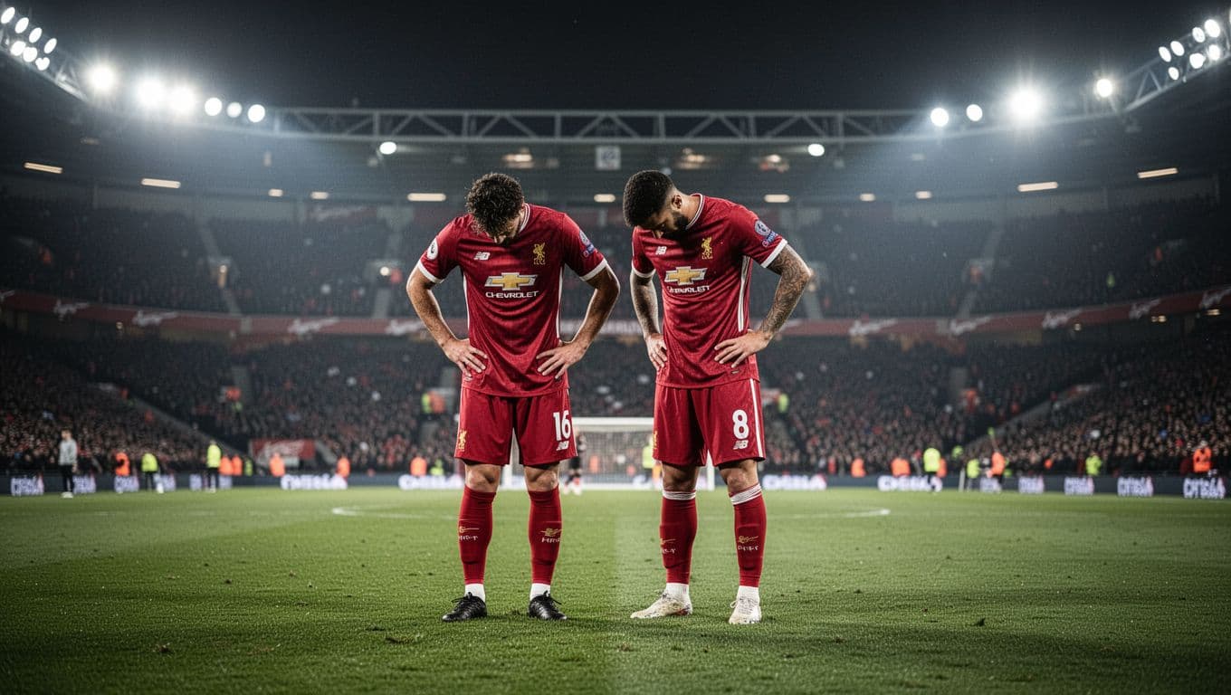 Osasuna players in red jerseys stand dejected on green pitch under night lights, heads down and hands on hips, blurred sparse crowd behind.