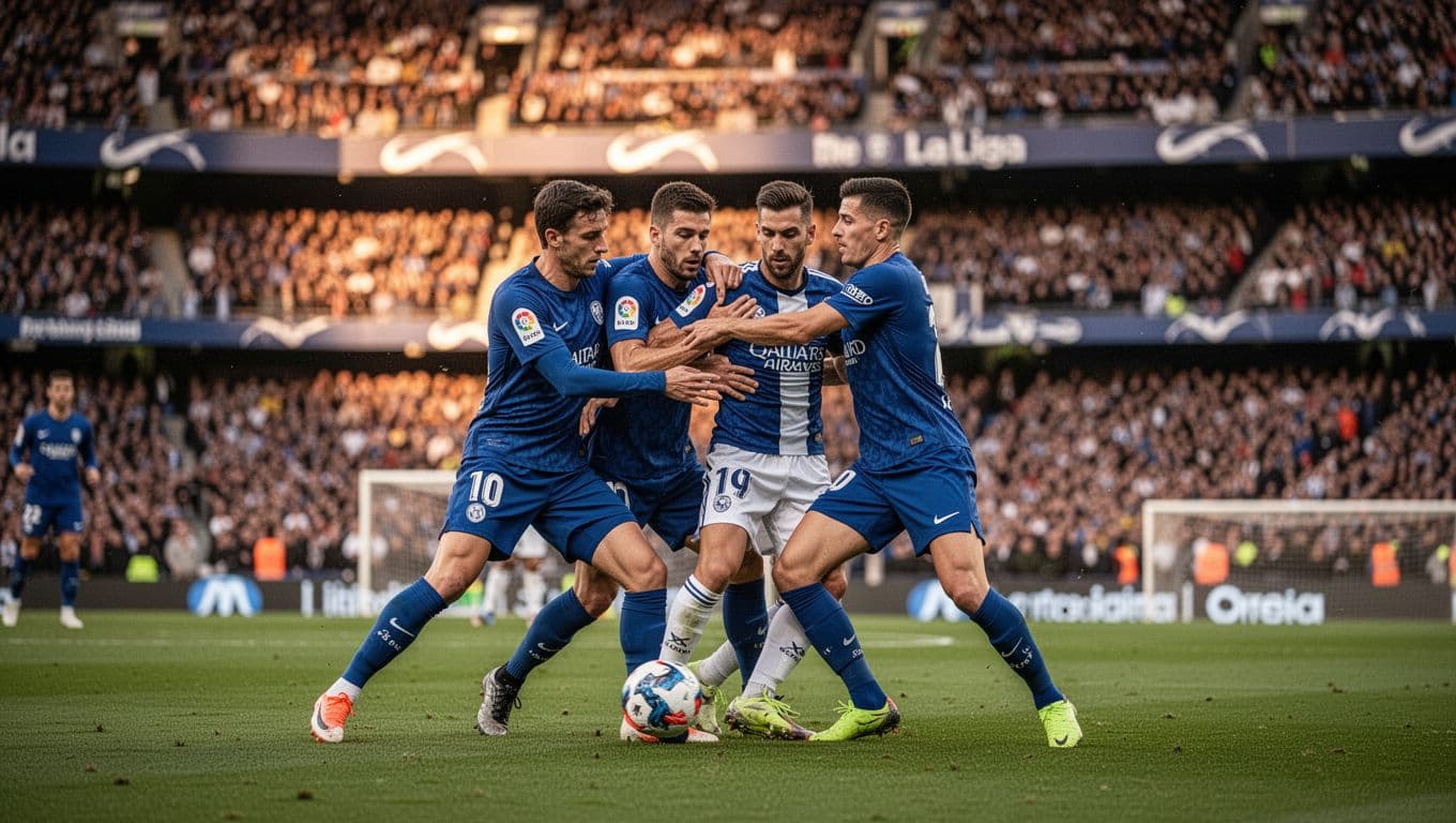 Two Real Oviedo players in blue jerseys desperately defend against two Real Betis attackers in midfield during evening La Liga match with packed stands.