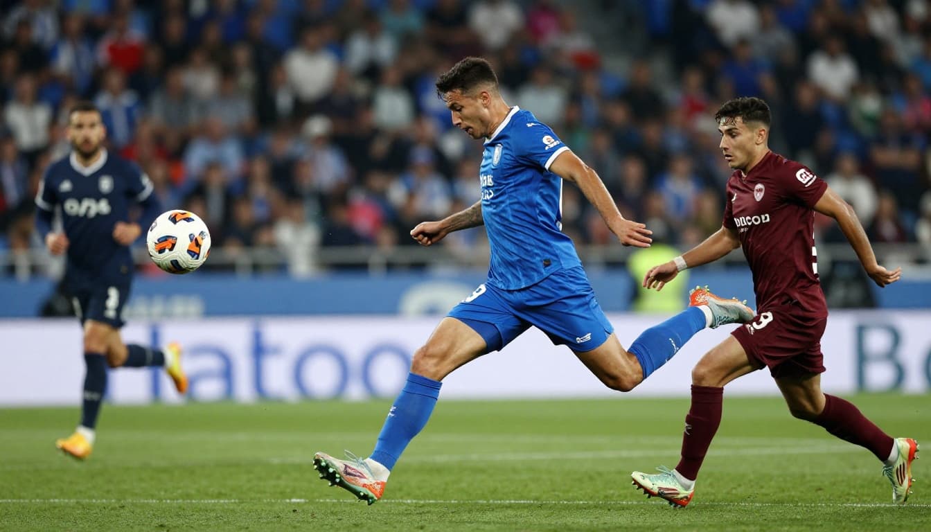 Real Oviedo forward in blue jersey shoots on goal, ball curving wide as defender lunges in stadium.