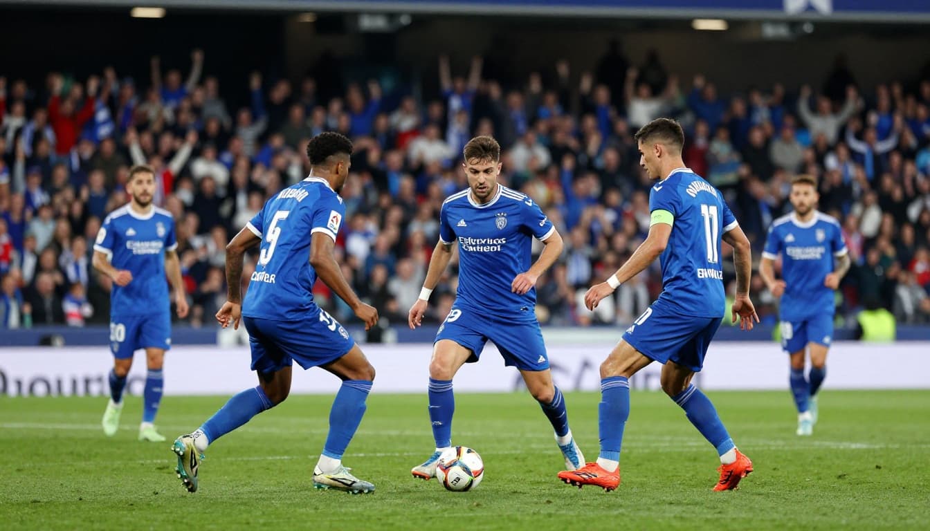 Two Real Oviedo players in blue jerseys control the ball in midfield at Estadio Carlos Tartiere with cheering crowd under evening lights.