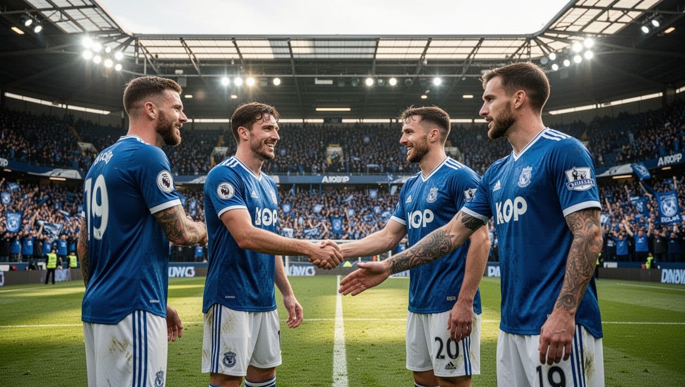 Real Oviedo and Villarreal players shake hands on pitch after 1-1 La Liga draw at Estadio Carlos Tartiere, stadium lights on, blue fans celebrating.