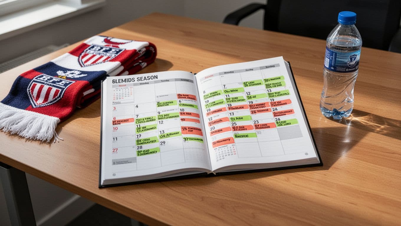 Soccer calendar on wooden desk marked with dense cluster of Angers SCO Ligue 1 matches on consecutive mid-season days, football scarf and water bottle nearby.