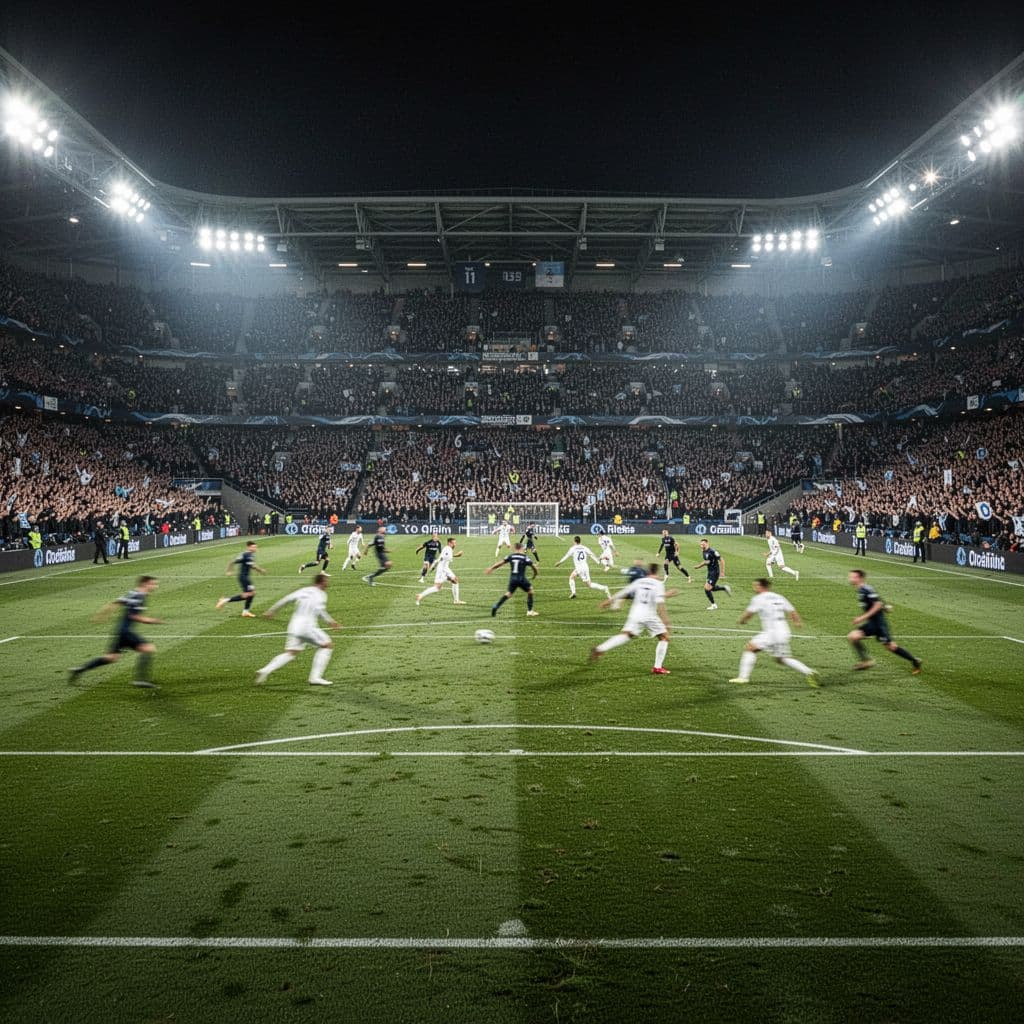 A wide-angle view of a vibrant football pitch under bright stadium floodlights at night.