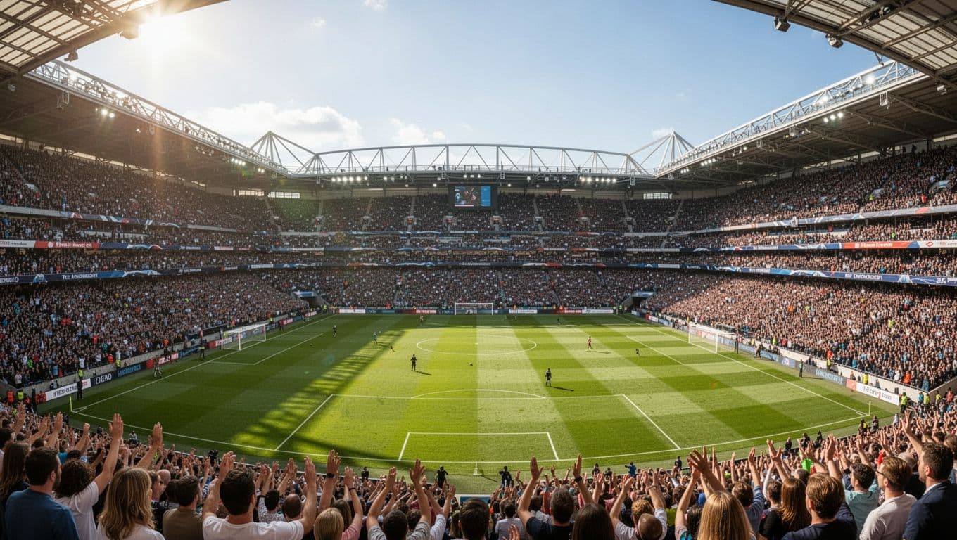 Wide shot of crowded football stadium with fans in stands on sunny day.