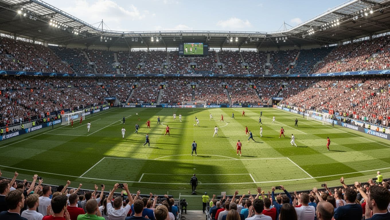 A wide angle view captures a vibrant soccer pitch during a sunny daytime match, surrounded by thousands of cheering fans filling the grandstands. The scene radiates intensity and competitive international spirit.