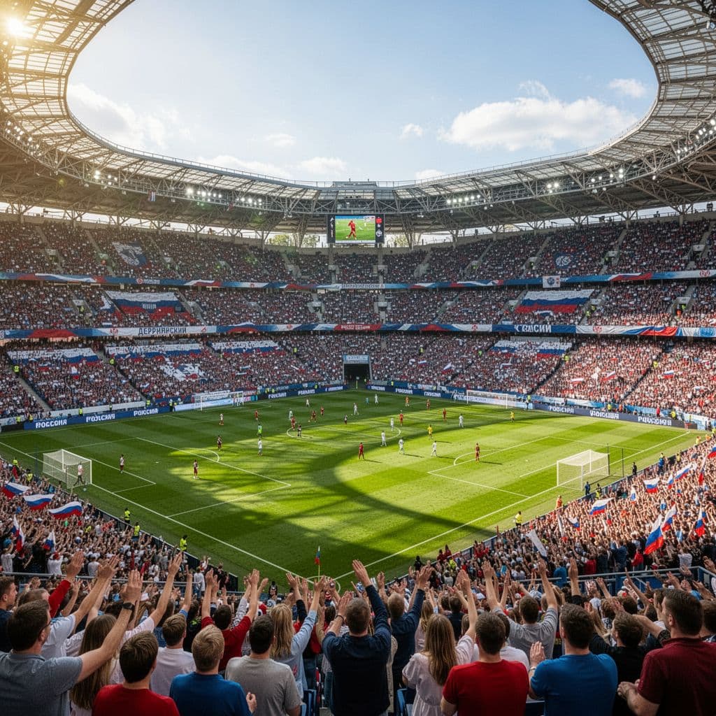 Wide shot of crowded Russian stadium during sunny daytime match with green pitch and cheering fans.