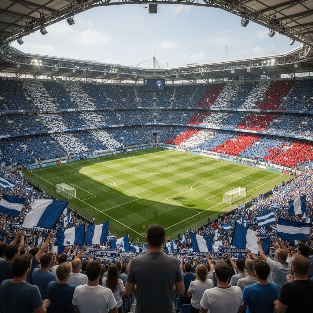 High-angle view of crowded soccer stadium with fans in blue, white, and red under bright daylight.