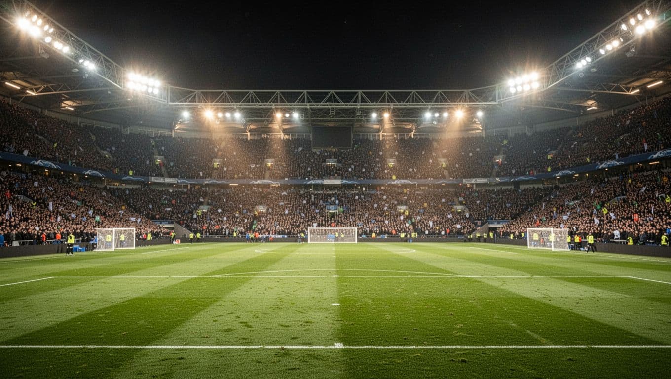 Blurred atmosphere of packed stadium at night with bright floodlights and green pitch in foreground.