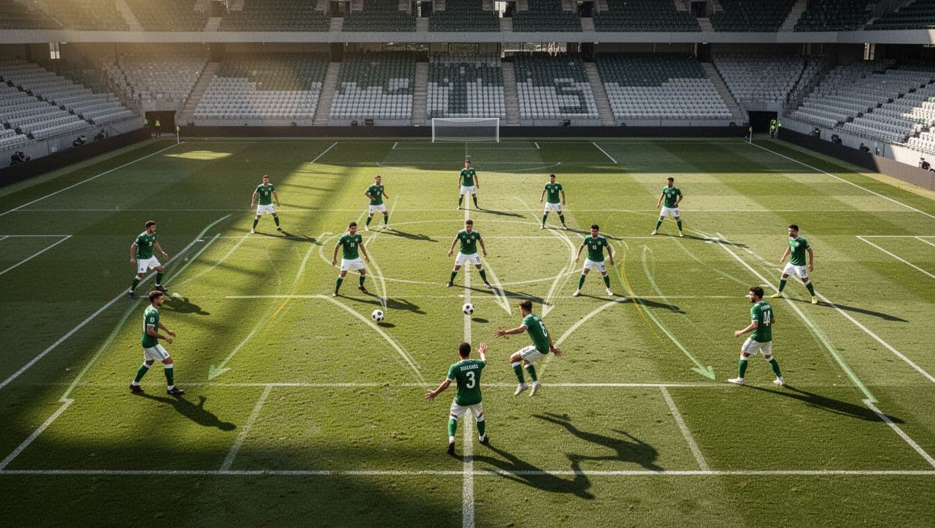 Overhead view shows Palmeiras team in 4-3-3 formation on green field, one player passing forward.
