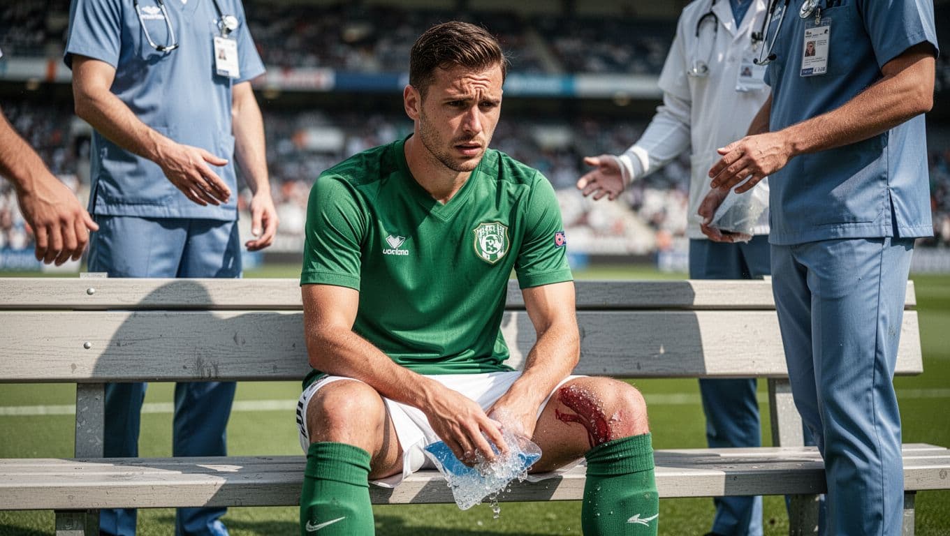 Palmeiras soccer player in green jersey sits on bench holding ice pack to ankle with concerned expression, medical staff nearby, blurred stadium background.
