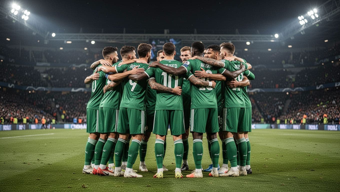 Palmeiras players in green jerseys hug on field under stadium lights with distant fans.