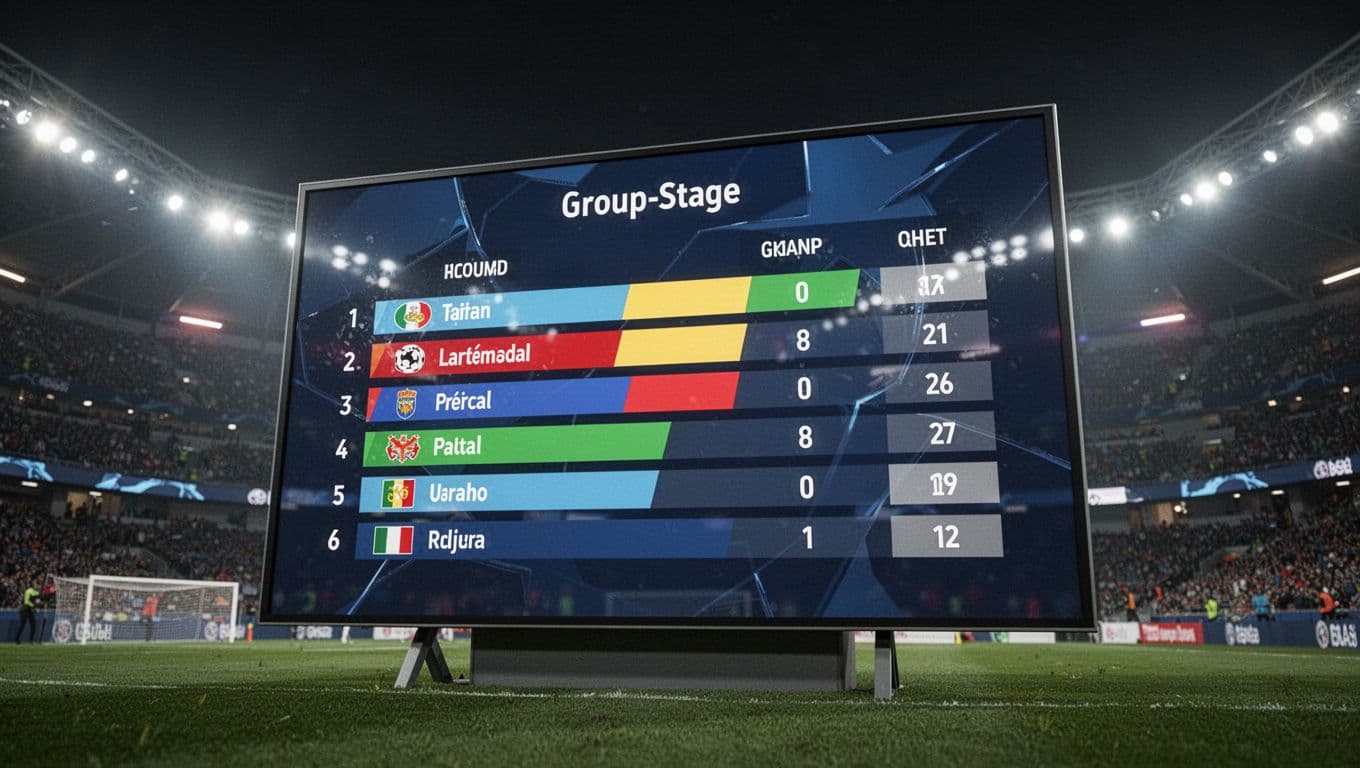 Layar digital besar menampilkan tabel klasemen grup dengan perolehan skor tim yang kontras di tengah stadion gelap. Lampu sorot arena yang berpendar menciptakan latar belakang buram nan megah di sekeliling layar.