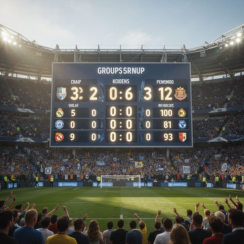 Papan skor digital raksasa di tengah stadion sepak bola yang megah menampilkan posisi klasemen grup. Penonton memenuhi tribun di latar belakang dengan pencahayaan alami yang menonjolkan atmosfer kompetisi olahraga yang intens.