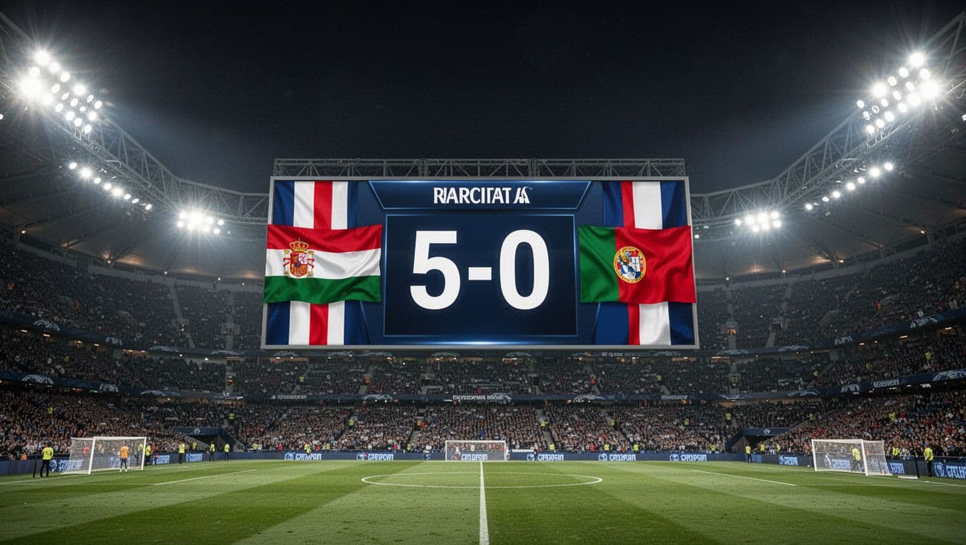Papan skor besar di stadion menampilkan angka lima untuk Senegal dan nol untuk Irak di bawah lampu sorot malam hari. Stadion luas terlihat kosong dengan rumput lapangan yang sangat rapi.