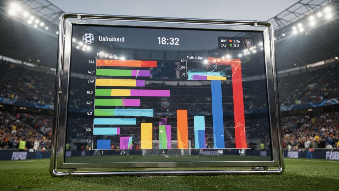 Layar digital besar menampilkan data statistik pertandingan sepak bola dengan jelas. Latar belakang stadion yang penuh penonton terlihat buram, memberikan fokus tajam pada angka-angka performa pemain di atas lapangan hijau.