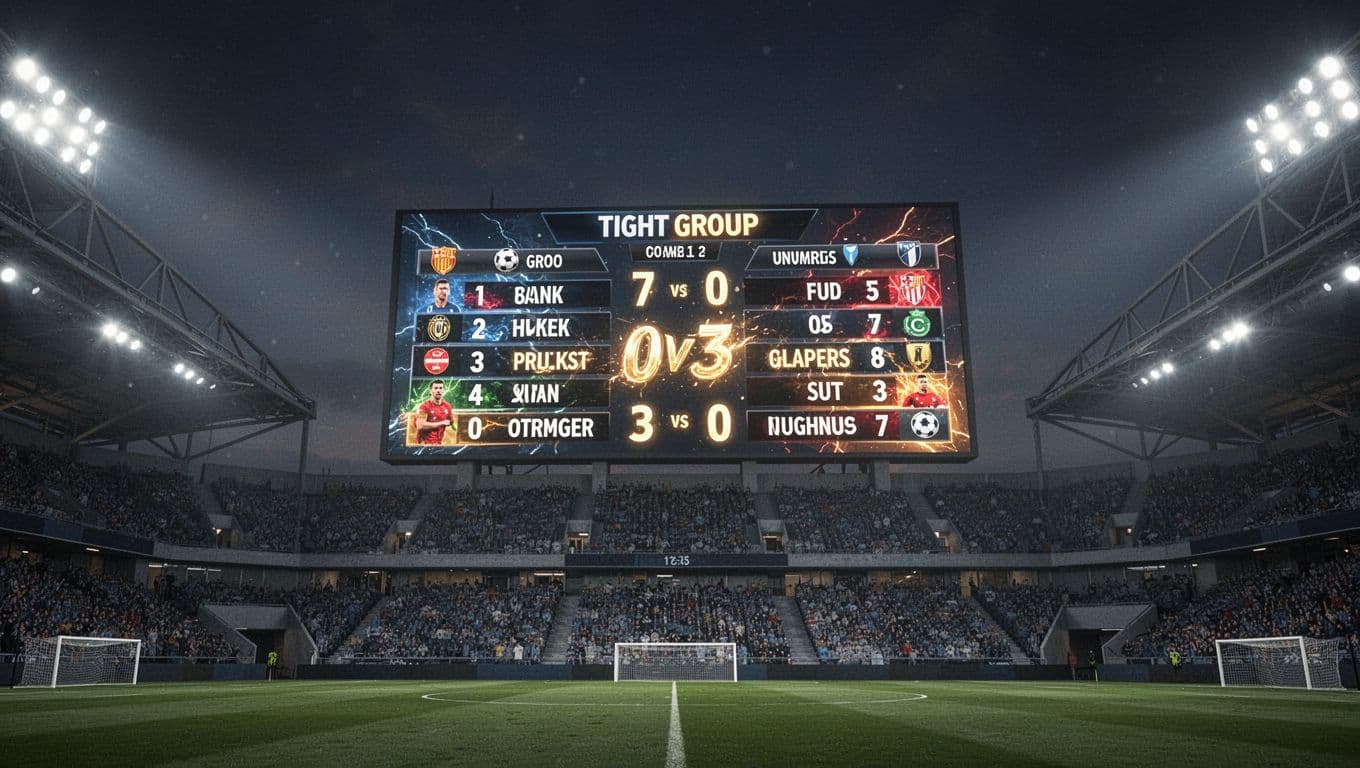 Layar digital besar di stadion menampilkan tabel klasemen grup sepak bola dengan perolehan poin yang sangat ketat. Sorotan lampu stadion malam hari memberikan kesan dramatis pada tampilan statistik kompetisi tersebut.