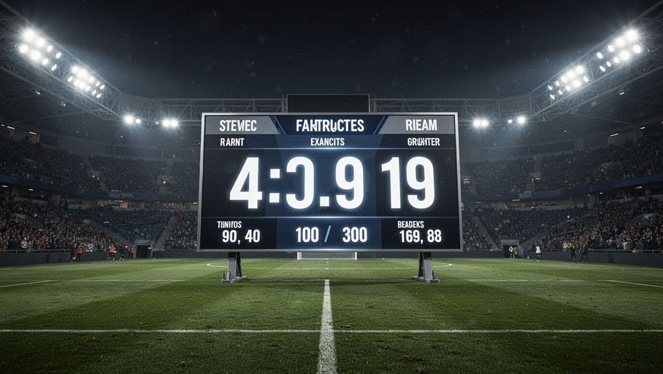 Papan skor digital yang terang menampilkan statistik pertandingan secara rinci dengan latar belakang lapangan hijau. Cahaya lampu sorot stadion menyinari rumput di bawah langit malam yang gelap dan atmosferik.