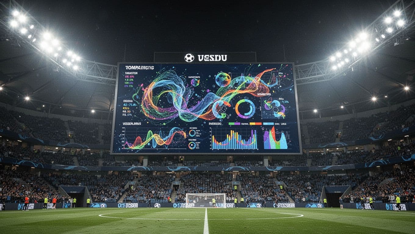 Layar besar stadion menampilkan visualisasi grafik statistik pertandingan sepak bola dengan cahaya lampu sorot terang. Tampilan digital ini menyoroti metrik performa tim dalam lingkungan stadion yang megah dan sangat luas.