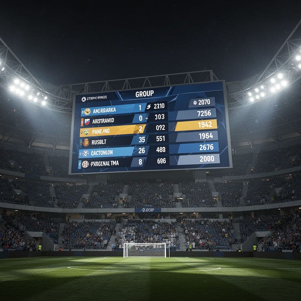 Papan skor digital raksasa di stadion menampilkan statistik klasemen grup sepak bola dengan angka kontras tinggi. Cahaya lampu sorot menciptakan suasana dramatis dari sudut pandang penonton di tribun yang kosong.