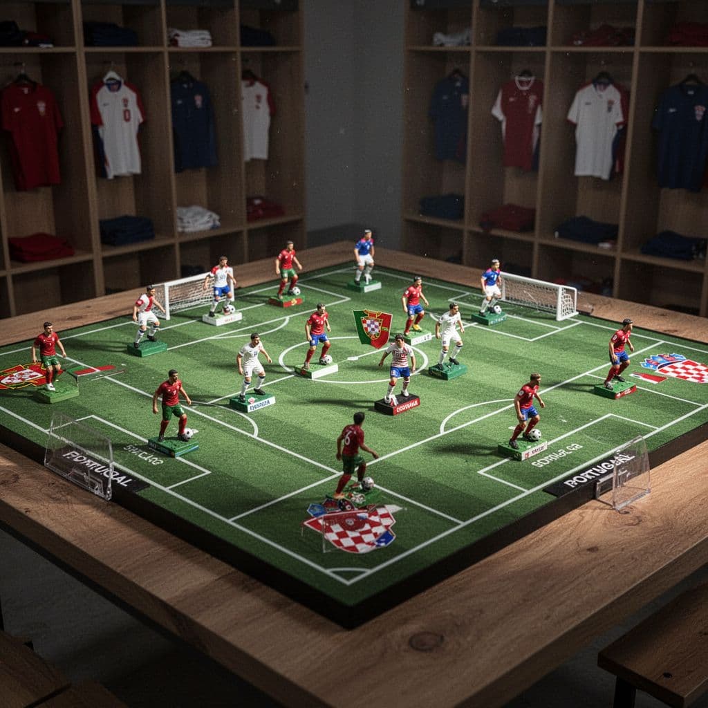 Sebuah papan taktik sepak bola profesional diletakkan di ruang ganti dengan pencahayaan dramatis yang menyoroti susunan bidak magnetik di atas sketsa lapangan, menciptakan suasana persiapan pertandingan yang sangat intens dan fokus.