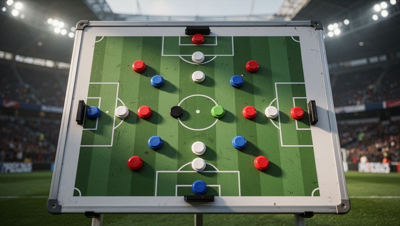 Papan taktik putih dengan magnet posisi pemain diletakkan di lapangan hijau. Latar belakang stadion yang kabur memberikan nuansa profesional saat tim melakukan persiapan strategi untuk pertandingan sepak bola yang akan segera berlangsung.