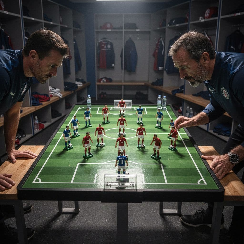 Papan strategi magnetik terpampang di ruang ganti dengan formasi pemain yang disusun secara presisi. Cahaya dramatis menyoroti setiap simbol taktis, menciptakan atmosfer kesiapan tim sebelum menghadapi pertandingan sepak bola yang sangat krusial.