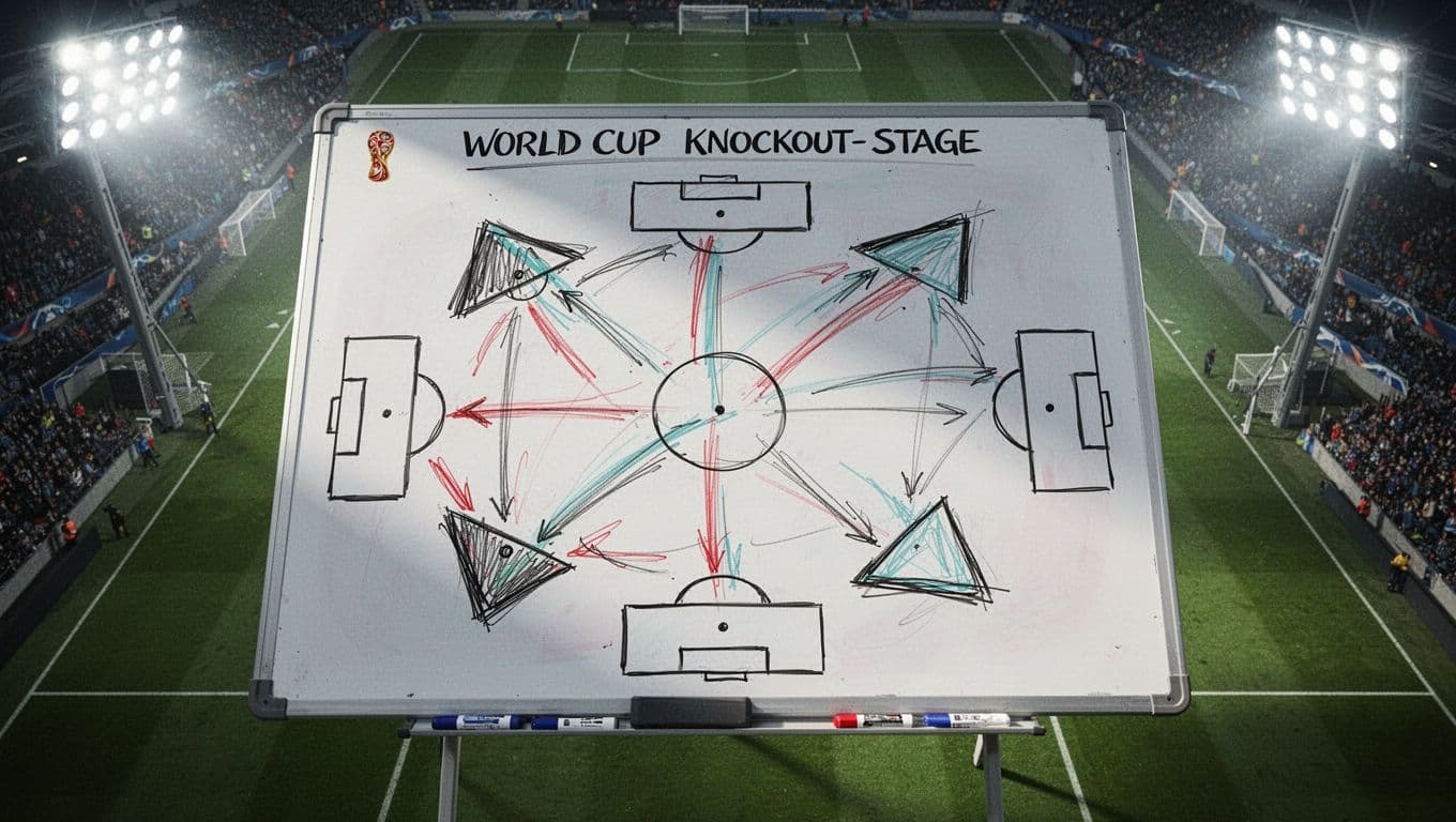 Papan putih taktis menampilkan formasi pemain dan diagram pergerakan bola untuk pertandingan besar. Papan ini terletak di tengah stadion terang benderang yang menyoroti rencana matang untuk babak gugur Piala Dunia.