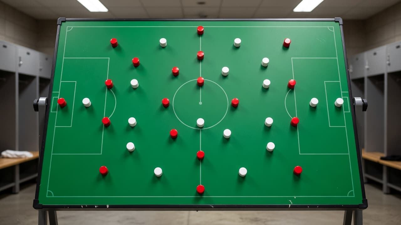 Susunan magnet biru dan merah terpasang di atas papan strategi hijau yang menggambarkan lapangan sepak bola. Pencahayaan profesional menyoroti detail setiap posisi pemain untuk rencana pertandingan tim yang lebih matang.