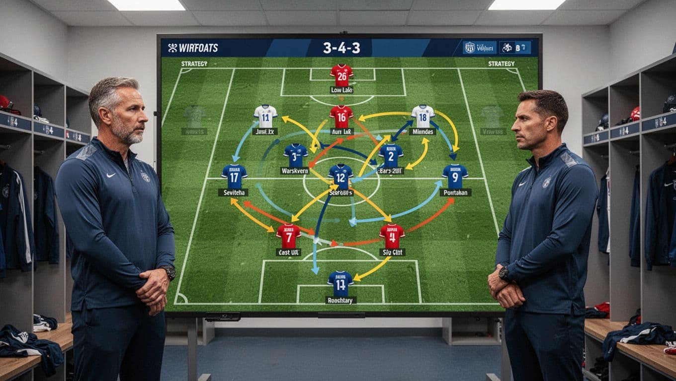 Pelatih berdiri di samping papan taktik digital yang menampilkan formasi 3-4-3 dengan garis pergerakan pemain yang rumit di ruang ganti. Pencahayaan ruangan yang terang memberikan fokus tajam pada strategi permainan.