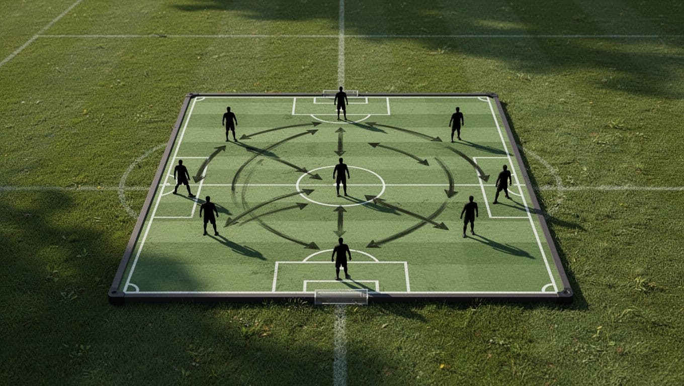 Papan strategi dengan skema pemain dan garis alur pergerakan bola di atas latar belakang lapangan hijau. Tampilan visual detail ini memperlihatkan skema formasi tim untuk analisis taktis selama pertandingan berlangsung.