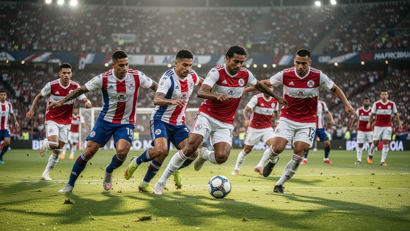 Paraguayan defenders track American strikers during a high-stakes soccer match in a crowded stadium. The players are captured in mid-sprint, showing clear physical strain while attempting to block oncoming offensive plays.