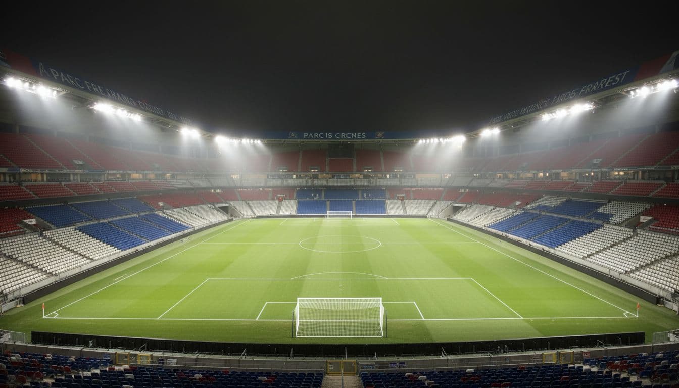 Parc des Princes stadium at night shows empty lit stands and ready pitch in fog.