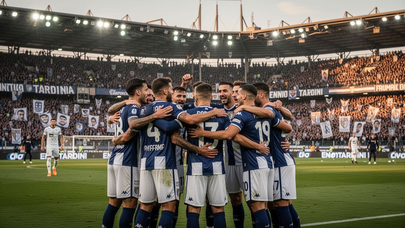 Eleven Parma players hug celebrating a goal at Ennio Tardini stadium, fans cheering in evening-lit stands.