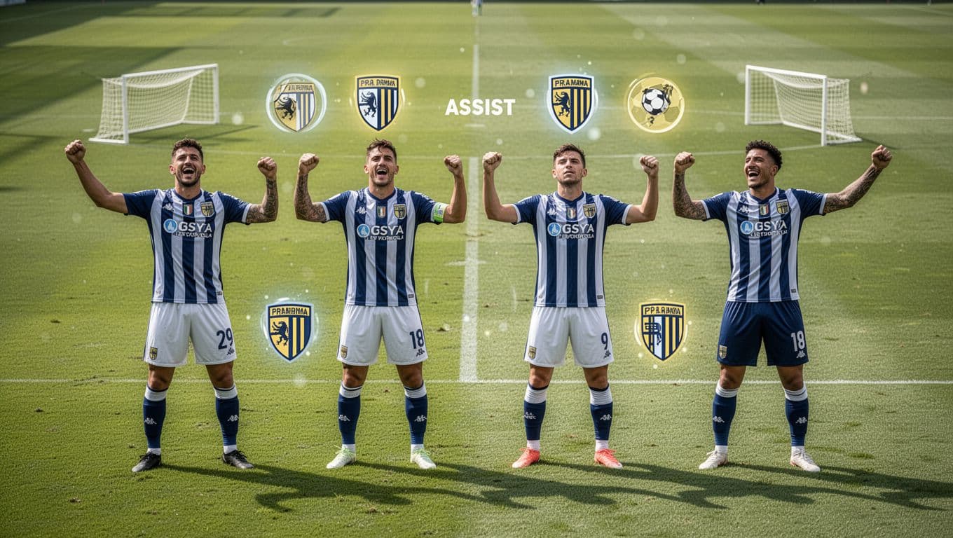 Infographic of Parma's top four scorers: Dennis Man leading, then Bonny, Bernabé, Pellegrino with goals and assists icons on soccer field background.