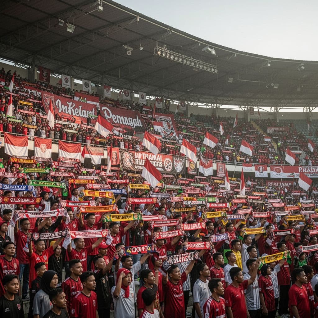 Enthusiastic football fans fill the stadium stands with team colors during an afternoon match.