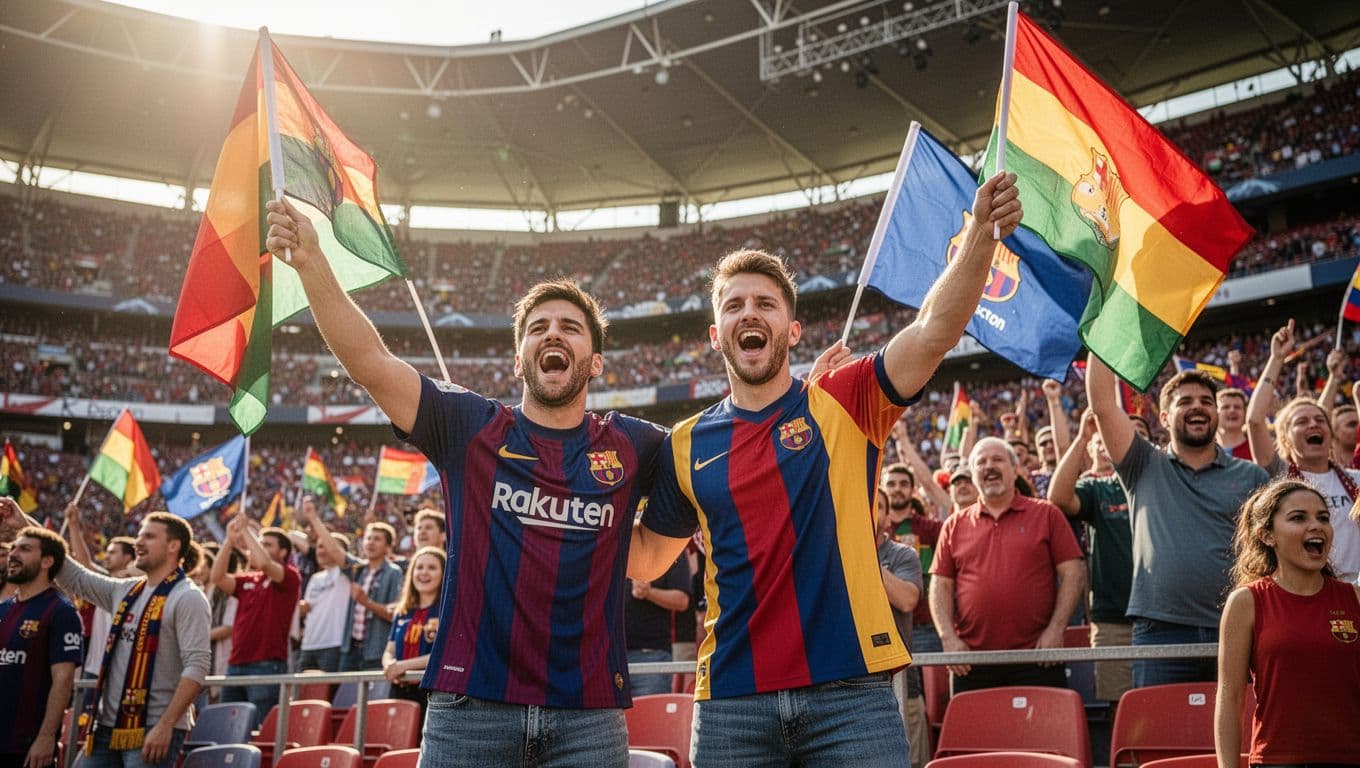 Four fans in colorful team gear wave flags and cheer from stadium stands.