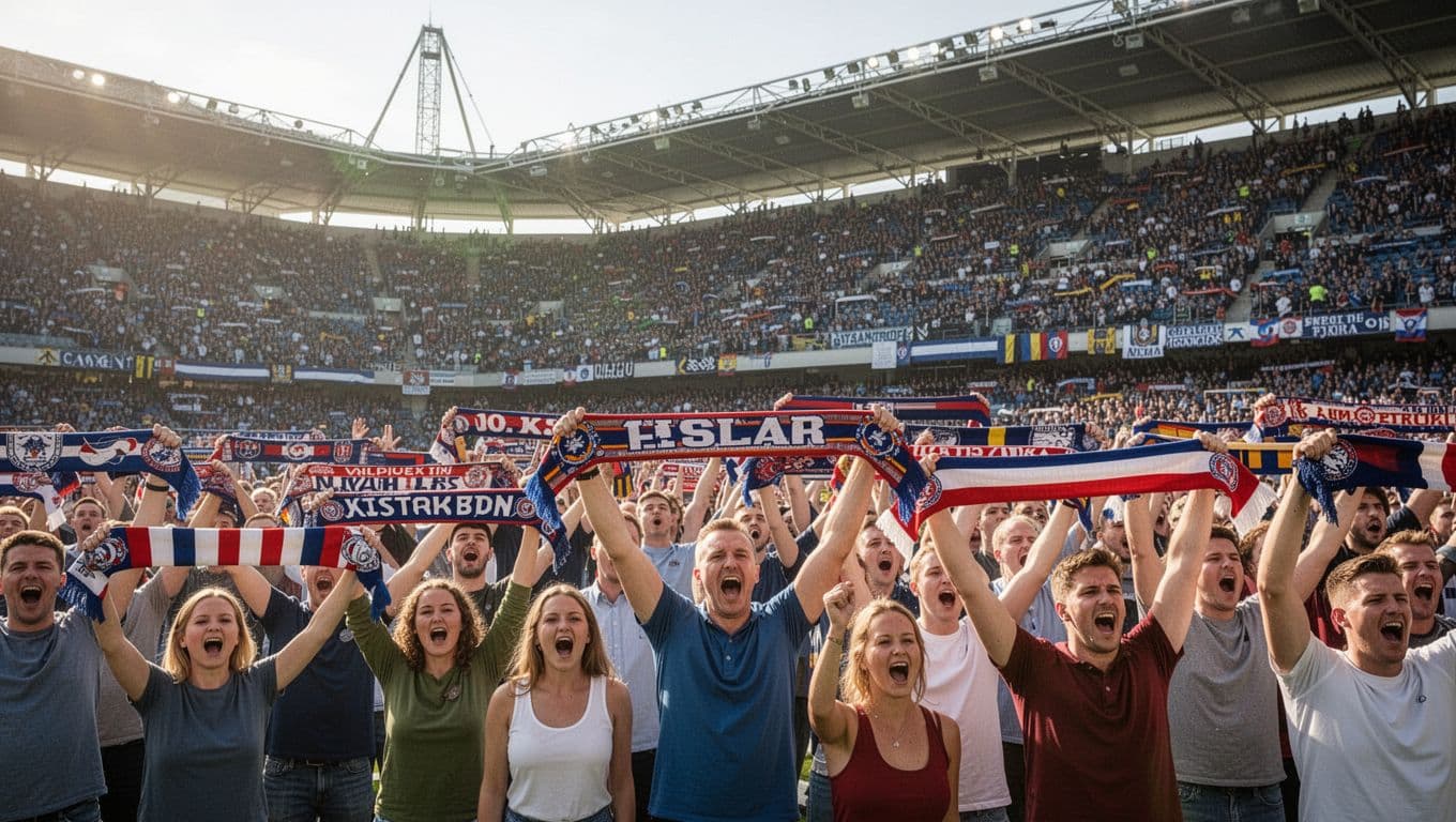 A cheering crowd in a sunlit stadium holds up scarves to show support for their team.