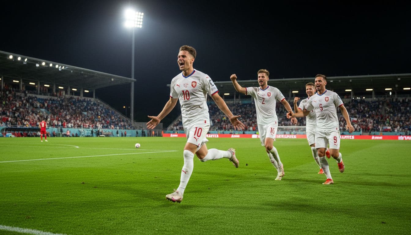 Czech Republic's Pavel Sulc runs joyfully to teammates celebrating his 3rd-minute opening goal against Denmark in the 2026 World Cup playoff final at Letna Stadium under night spotlights on green grass. Dynamic sports photography with exactly one main player and three teammates.