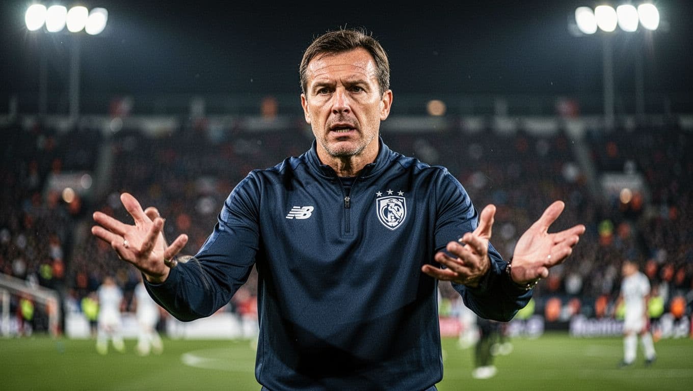 Seorang pelatih sepak bola berdiri di pinggir lapangan stadion saat malam hari, memberikan instruksi taktis dengan gerakan tangan yang tegas. Latar belakang stadion yang terang tampak kabur dalam fokus kamera.