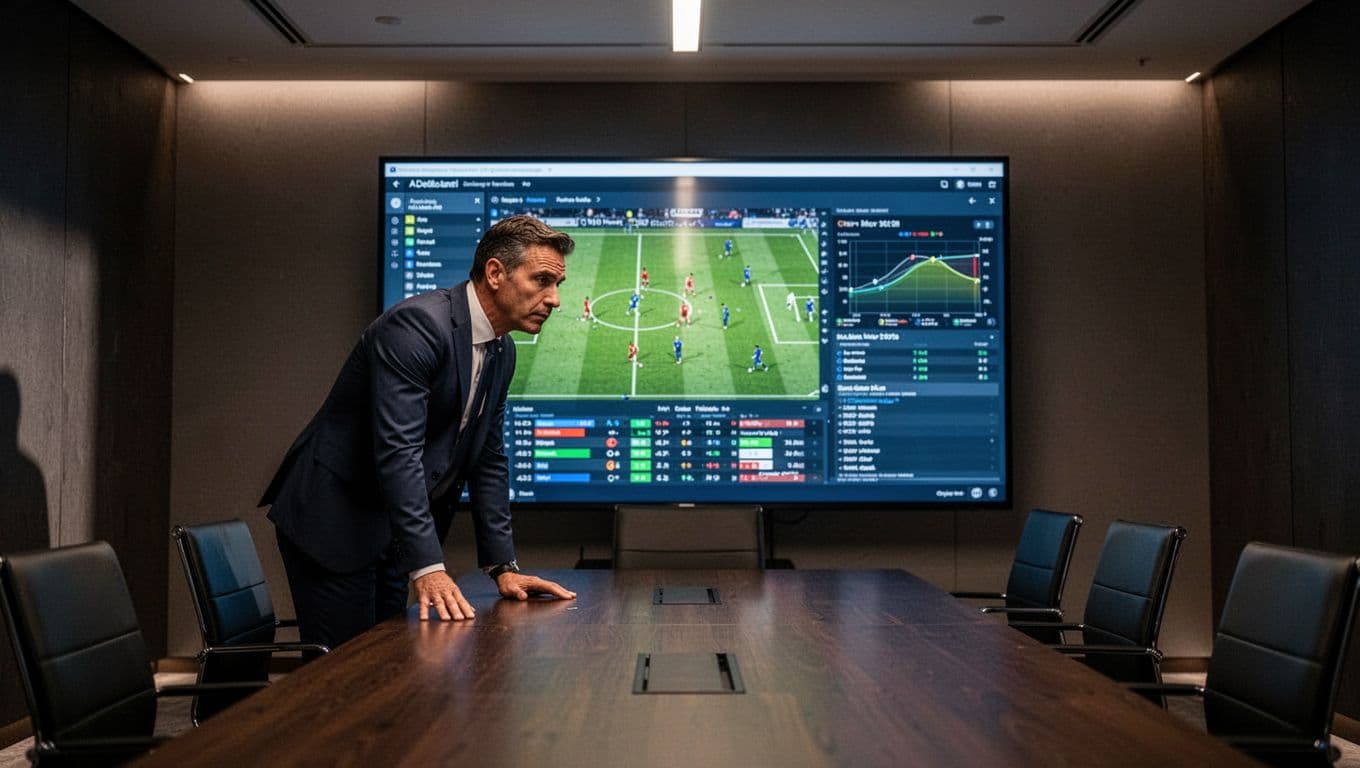 Seorang pelatih fokus menatap layar monitor besar yang menampilkan grafik data pertandingan di ruang rapat gelap. Ruangan tersebut bernuansa profesional dengan pencahayaan redup yang menyoroti detail teknis pada layar.