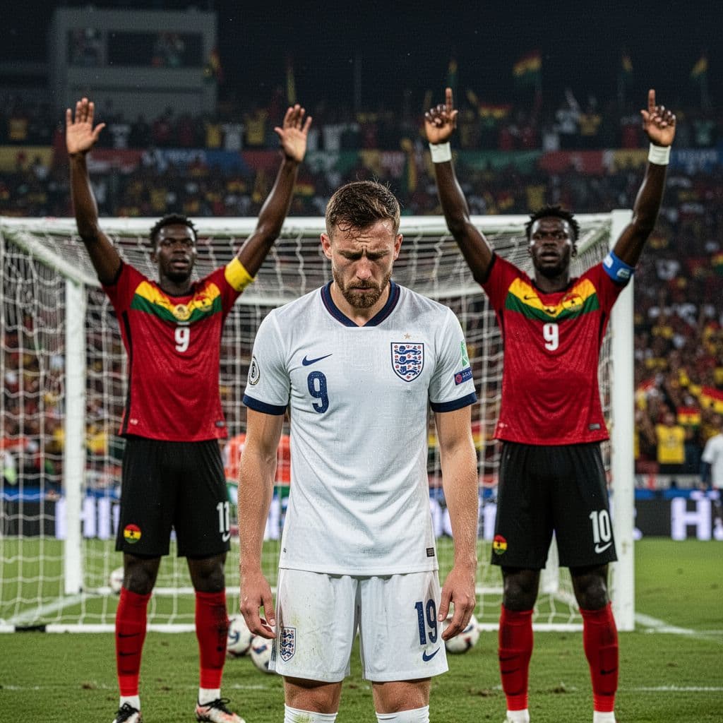 Seorang pemain timnas Inggris berbaju putih menunduk kecewa di depan gawang saat pemain bertahan Ghana berseragam merah hitam merayakan keberhasilan menghalau bola krusial. Penonton memenuhi tribun stadion di bawah lampu sorot malam.